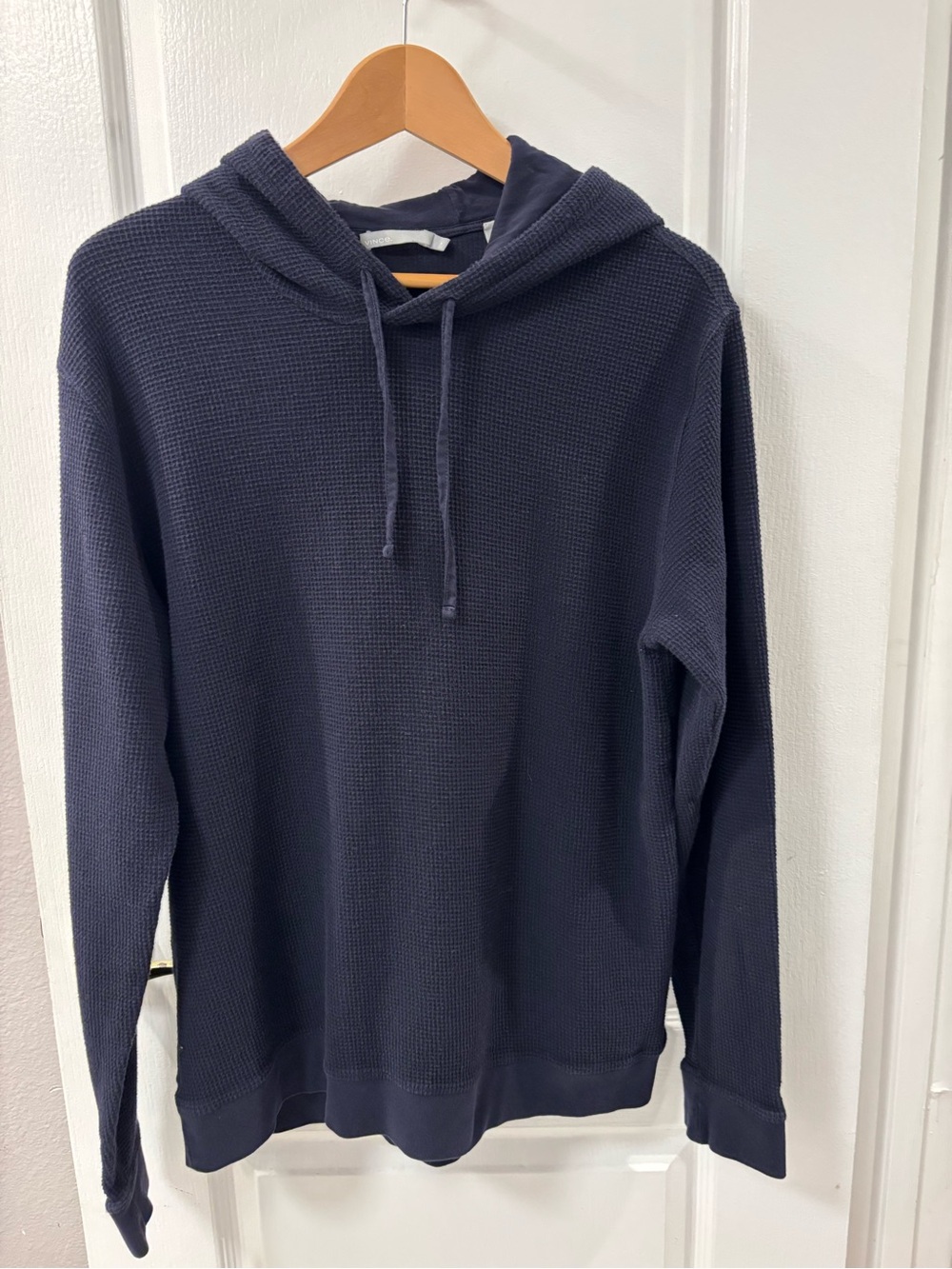 Vince Navy Blue Waffle-Knit Hooded Pullover Drawstring